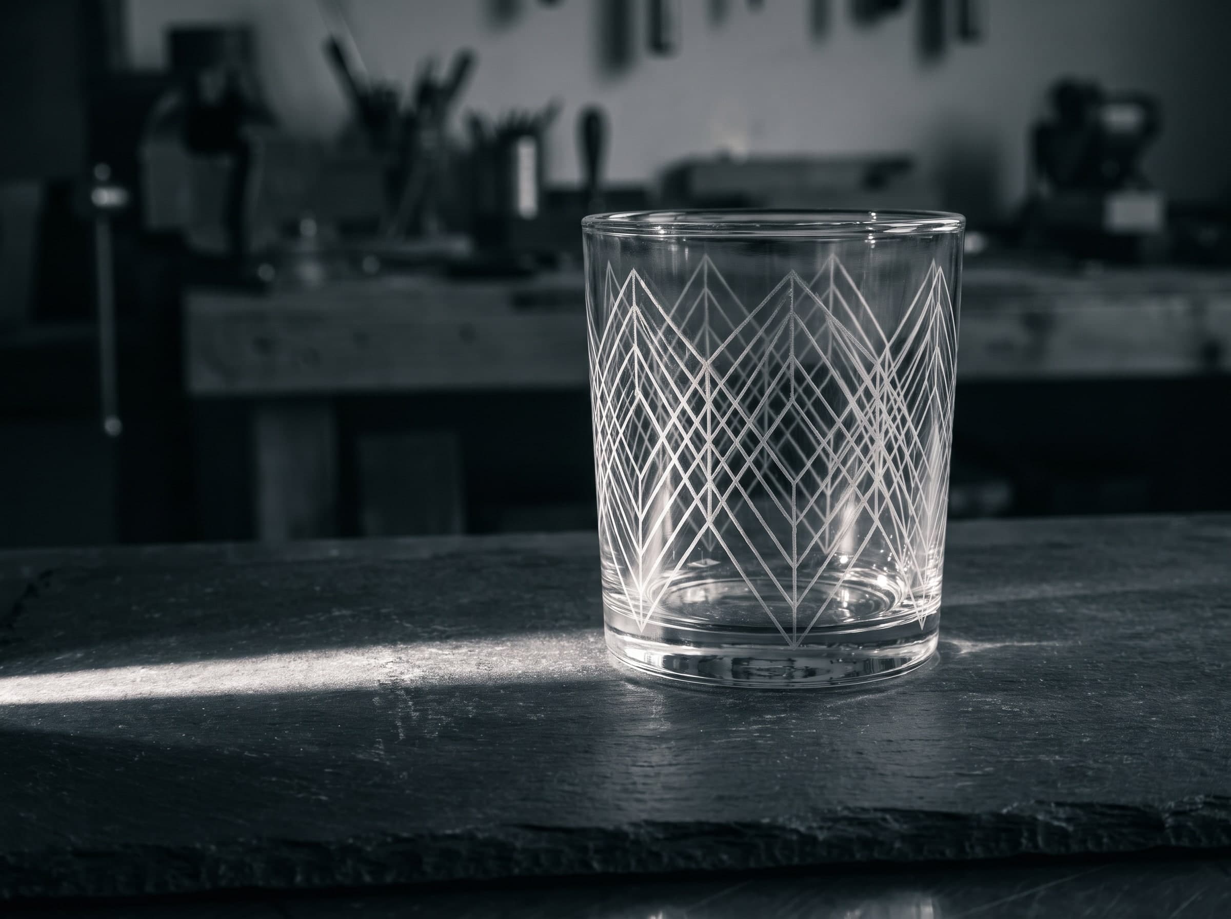 Trinkglas mit fein graviertem geometrischem Linienmuster auf einer Schieferplatte